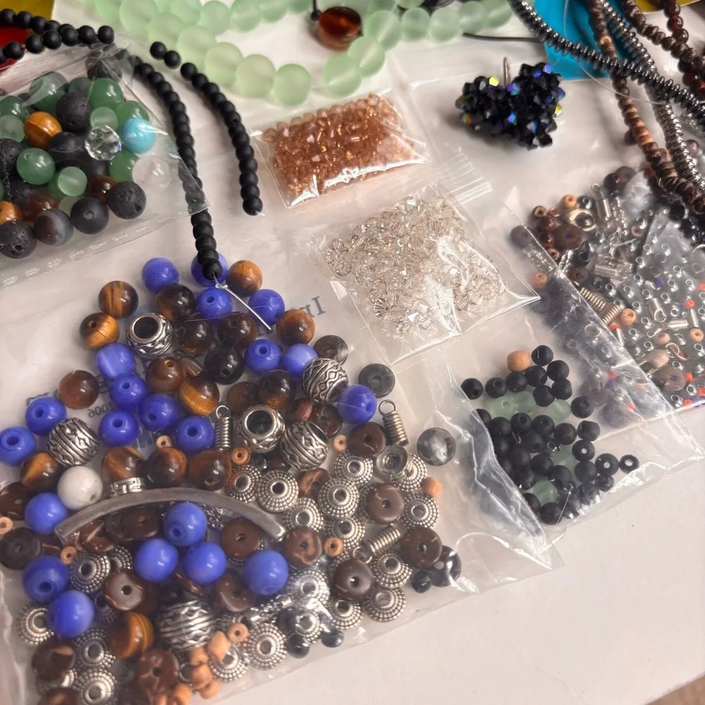 Lot of Mixed Craft‎ Beads, Crystals, Findings Green, Blue, Brown, Black, Silver